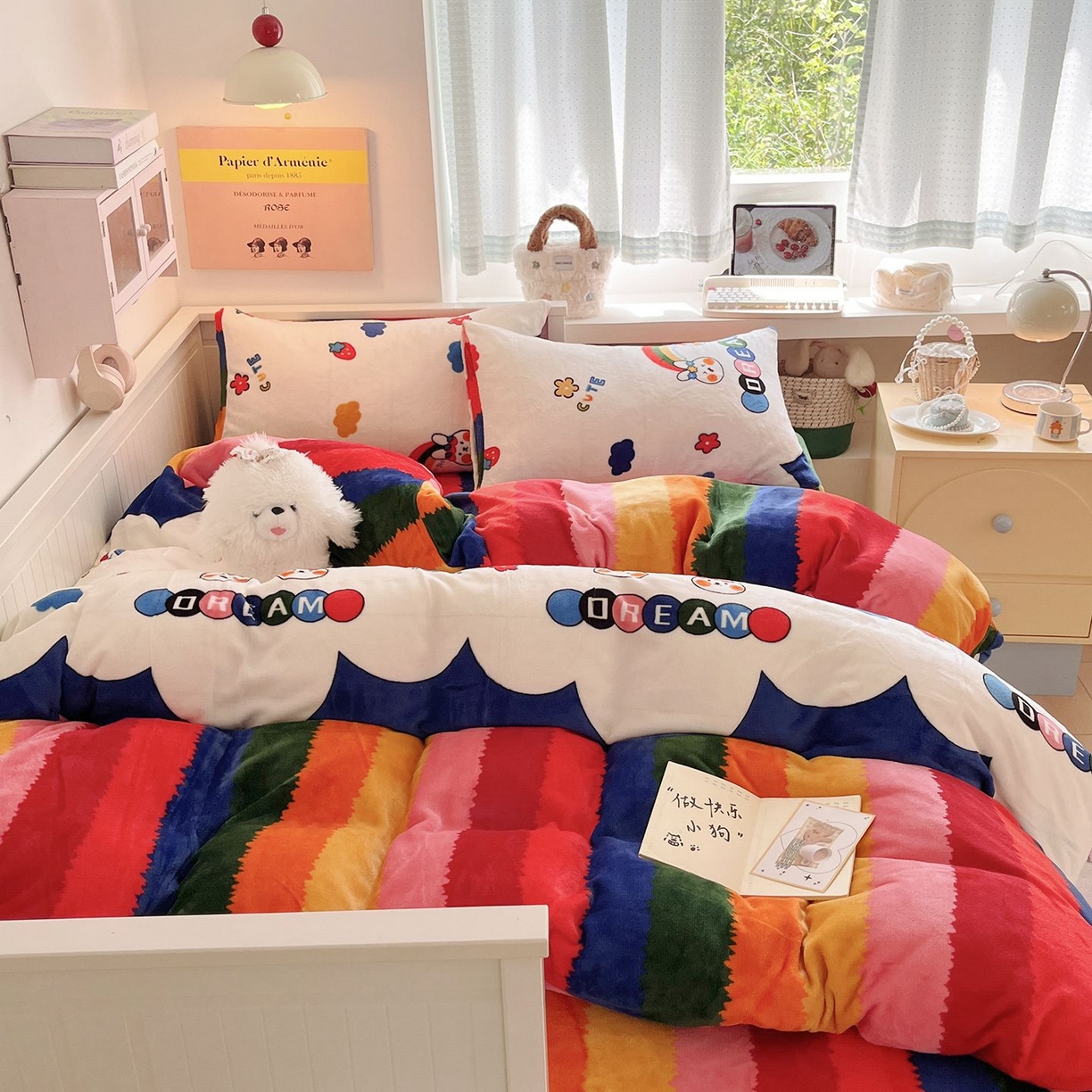 91家纺网 家纺一手货源 找家纺 金爱家 2025新款A类ins小清新少女奶油卡通可爱加厚牛奶绒四件套 绒-彩虹兔