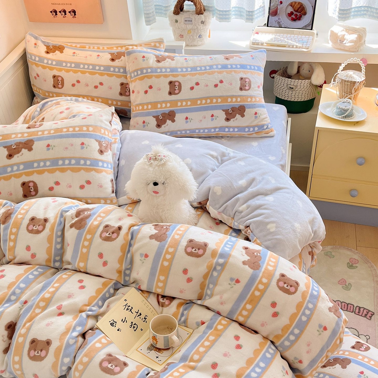 91家纺网 家纺一手货源 找家纺 金爱家 2025新款A类ins小清新少女奶油卡通可爱加厚牛奶绒四件套 绒-可爱熊