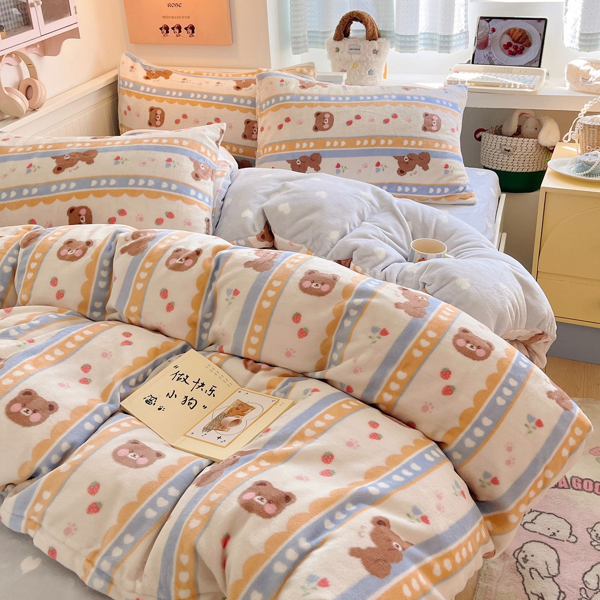 91家纺网 家纺一手货源 找家纺 金爱家 2025新款A类ins小清新少女奶油卡通可爱加厚牛奶绒四件套 绒-可爱熊