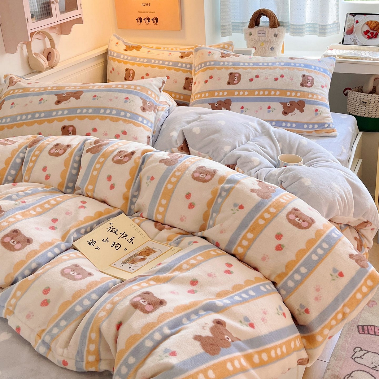 91家纺网 家纺一手货源 找家纺 金爱家 2025新款A类ins小清新少女奶油卡通可爱加厚牛奶绒四件套 绒-可爱熊