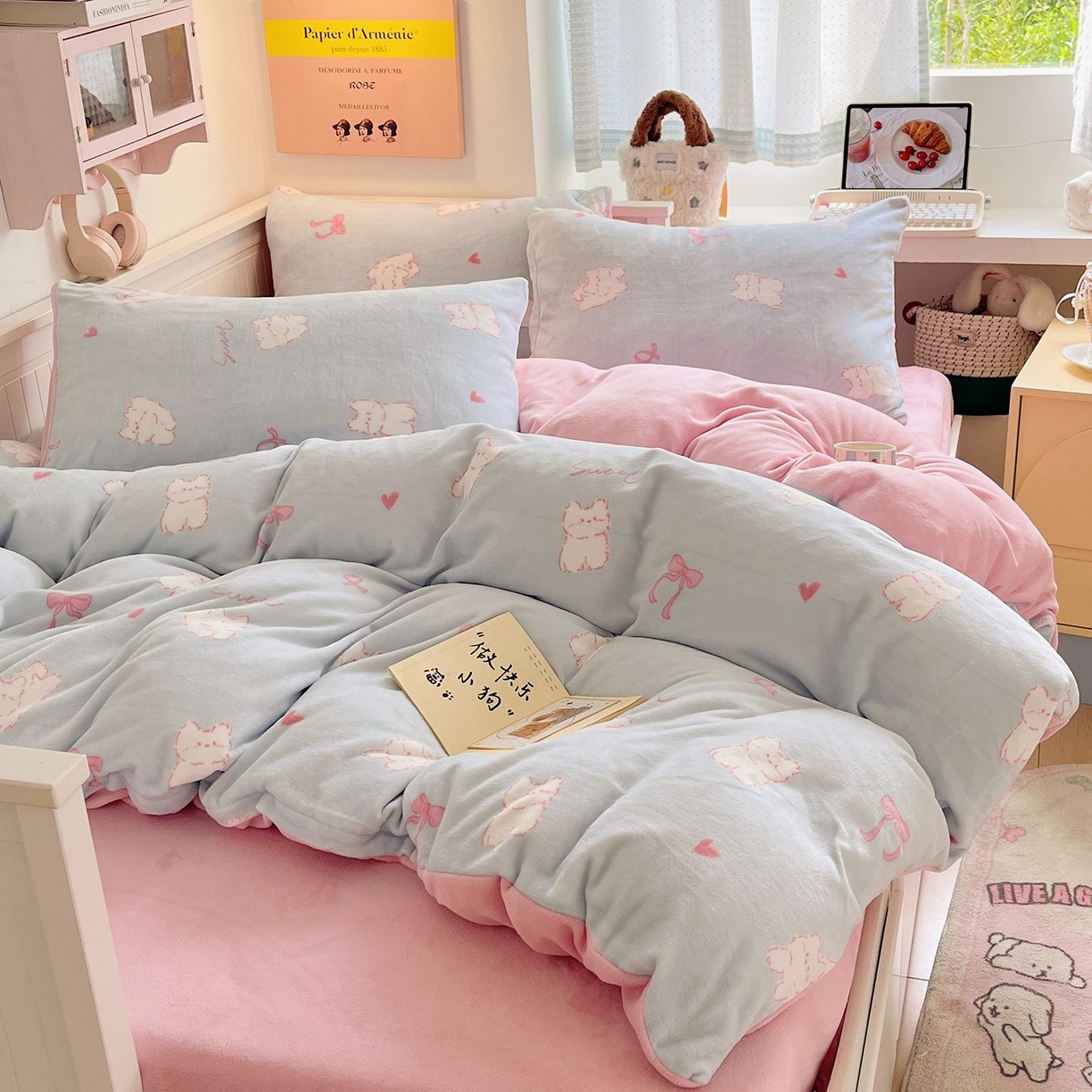 91家纺网 家纺一手货源 找家纺 金爱家 2025新款A类ins小清新少女奶油卡通可爱加厚牛奶绒四件套 绒-蓝甜心猫咪