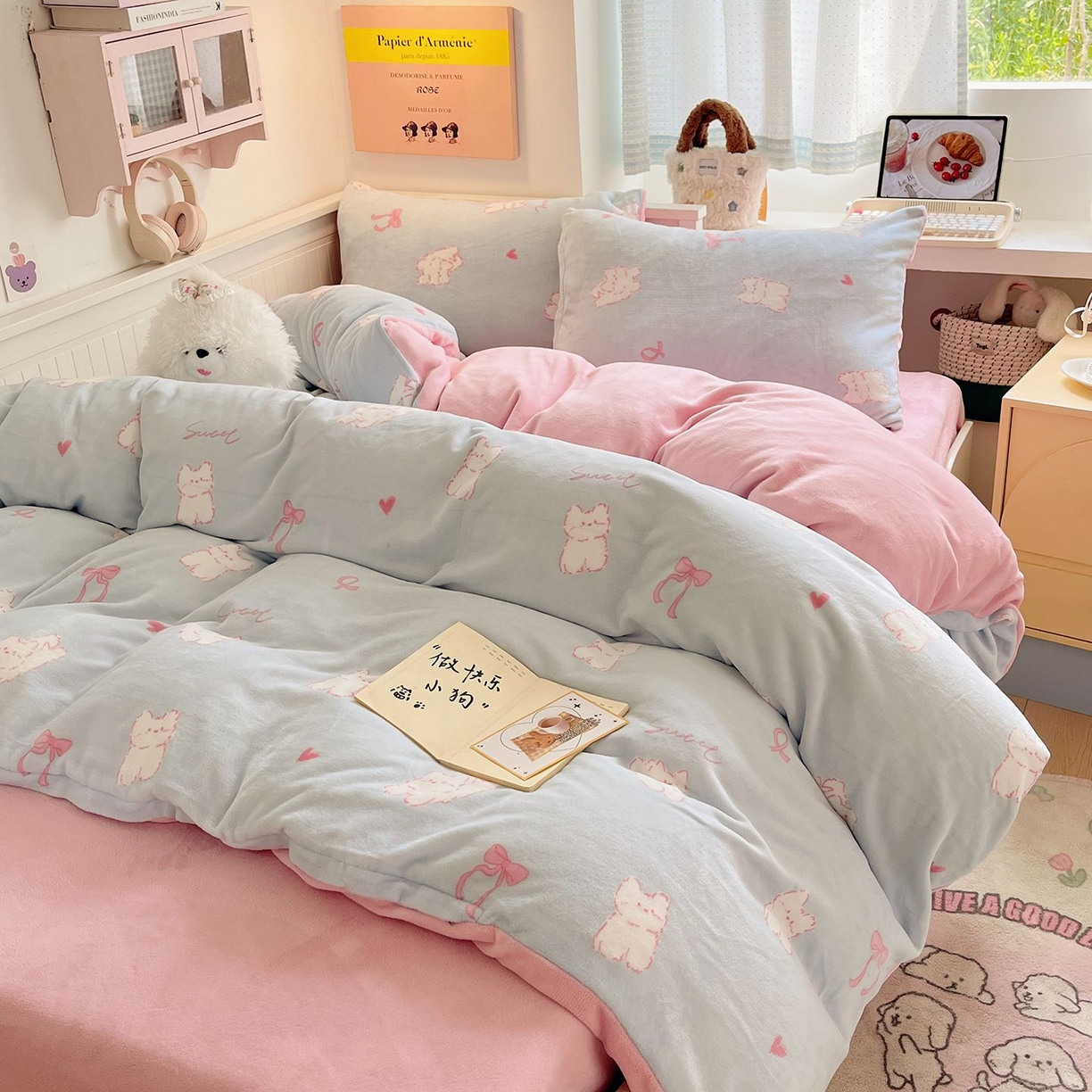 91家纺网 家纺一手货源 找家纺 金爱家 2025新款A类ins小清新少女奶油卡通可爱加厚牛奶绒四件套 绒-蓝甜心猫咪