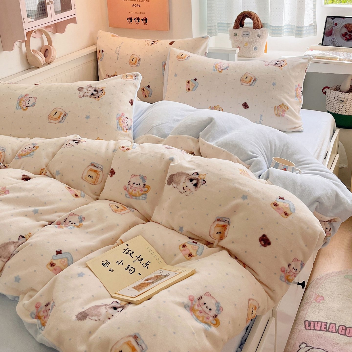 91家纺网 家纺一手货源 找家纺 金爱家 2025新款A类ins小清新少女奶油卡通可爱加厚牛奶绒四件套 绒-猫咪日记