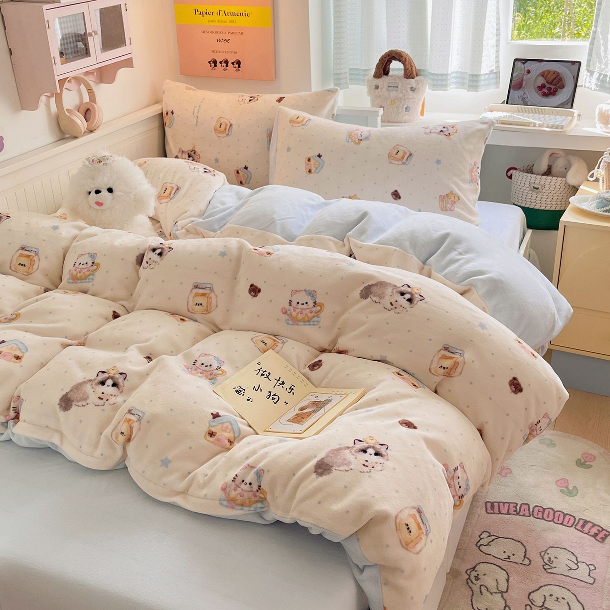 91家纺网 家纺一手货源 找家纺 金爱家 2025新款A类ins小清新少女奶油卡通可爱加厚牛奶绒四件套 绒-猫咪日记