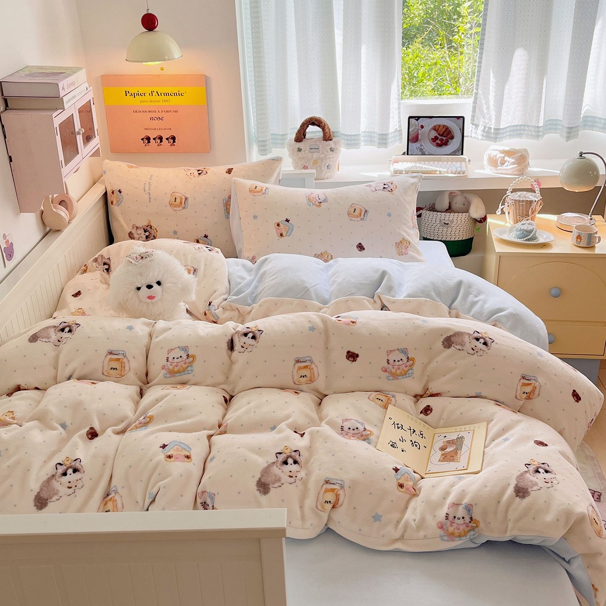 91家纺网 家纺一手货源 找家纺 金爱家 2025新款A类ins小清新少女奶油卡通可爱加厚牛奶绒四件套 绒-猫咪日记