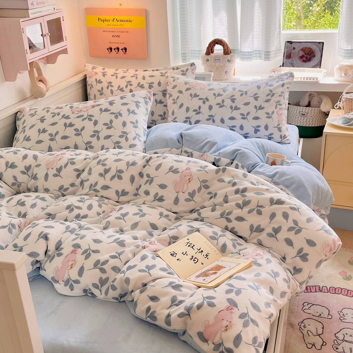 91家纺网 家纺一手货源 找家纺 金爱家 2025新款A类ins小清新少女奶油卡通可爱加厚牛奶绒四件套 绒-萌萌兔