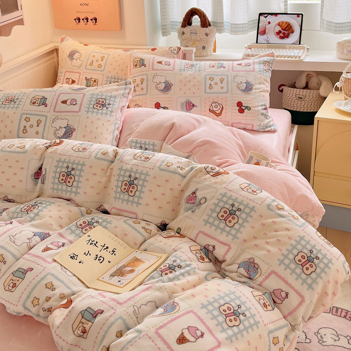 91家纺网 家纺一手货源 找家纺 金爱家 2025新款A类ins小清新少女奶油卡通可爱加厚牛奶绒四件套 绒-糖果屋