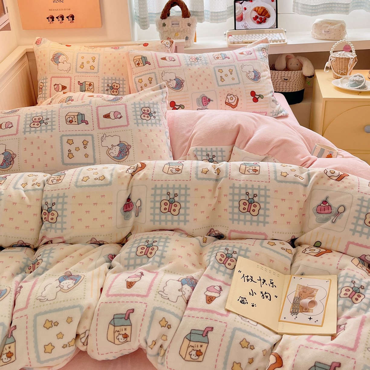 91家纺网 家纺一手货源 找家纺 金爱家 2025新款A类ins小清新少女奶油卡通可爱加厚牛奶绒四件套 绒-糖果屋