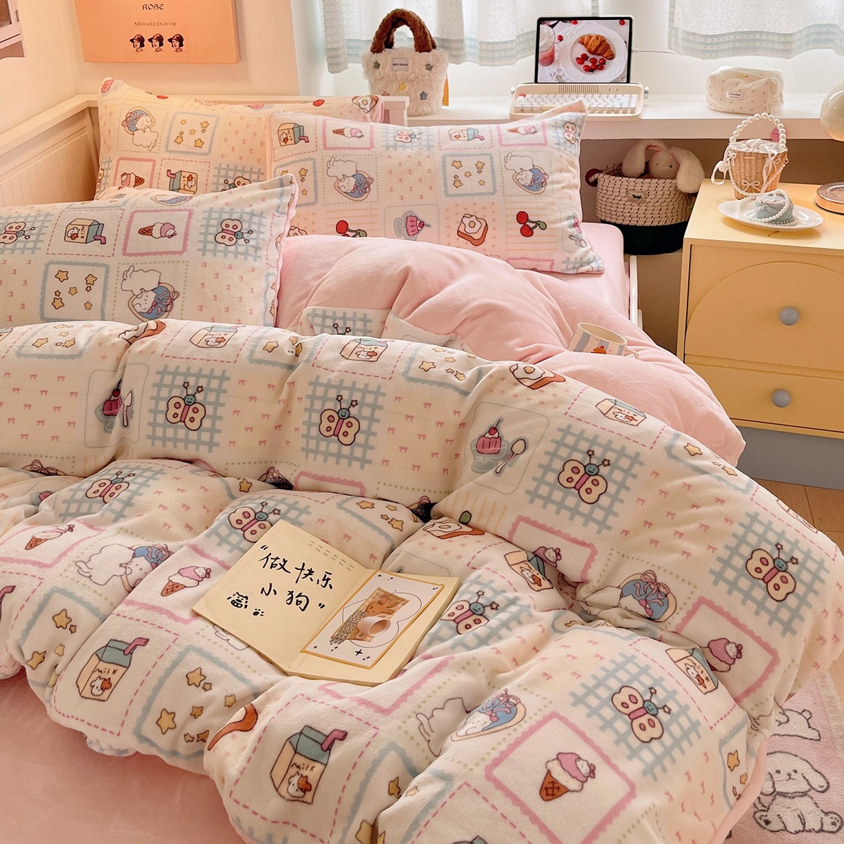 91家纺网 家纺一手货源 找家纺 金爱家 2025新款A类ins小清新少女奶油卡通可爱加厚牛奶绒四件套 绒-糖果屋