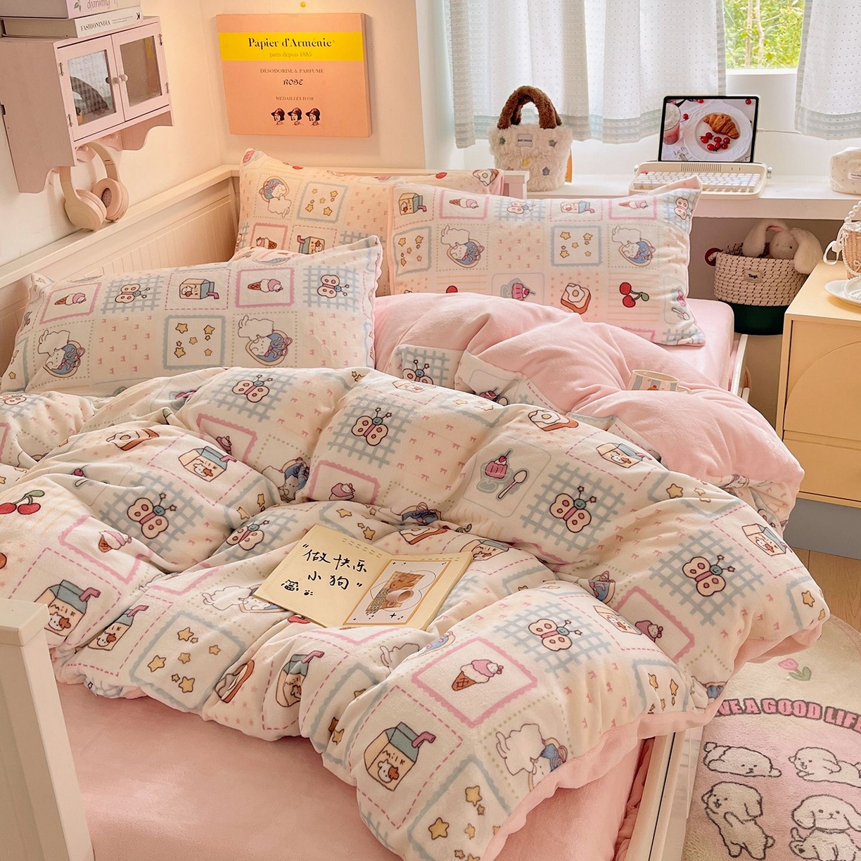 91家纺网 家纺一手货源 找家纺 金爱家 2025新款A类ins小清新少女奶油卡通可爱加厚牛奶绒四件套 绒-糖果屋