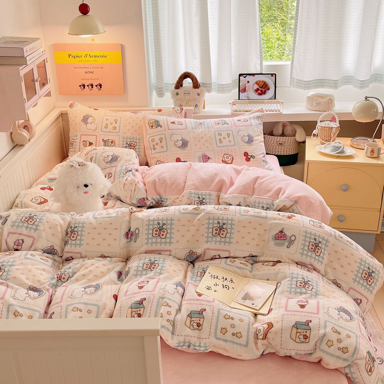 91家纺网 家纺一手货源 找家纺 金爱家 2025新款A类ins小清新少女奶油卡通可爱加厚牛奶绒四件套 绒-糖果屋