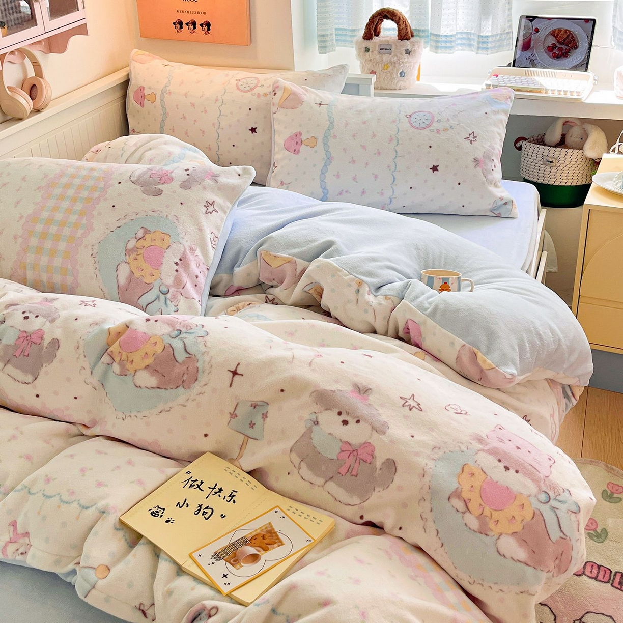 91家纺网 家纺一手货源 找家纺 金爱家 2025新款A类ins小清新少女奶油卡通可爱加厚牛奶绒四件套 绒-甜甜奶油狗