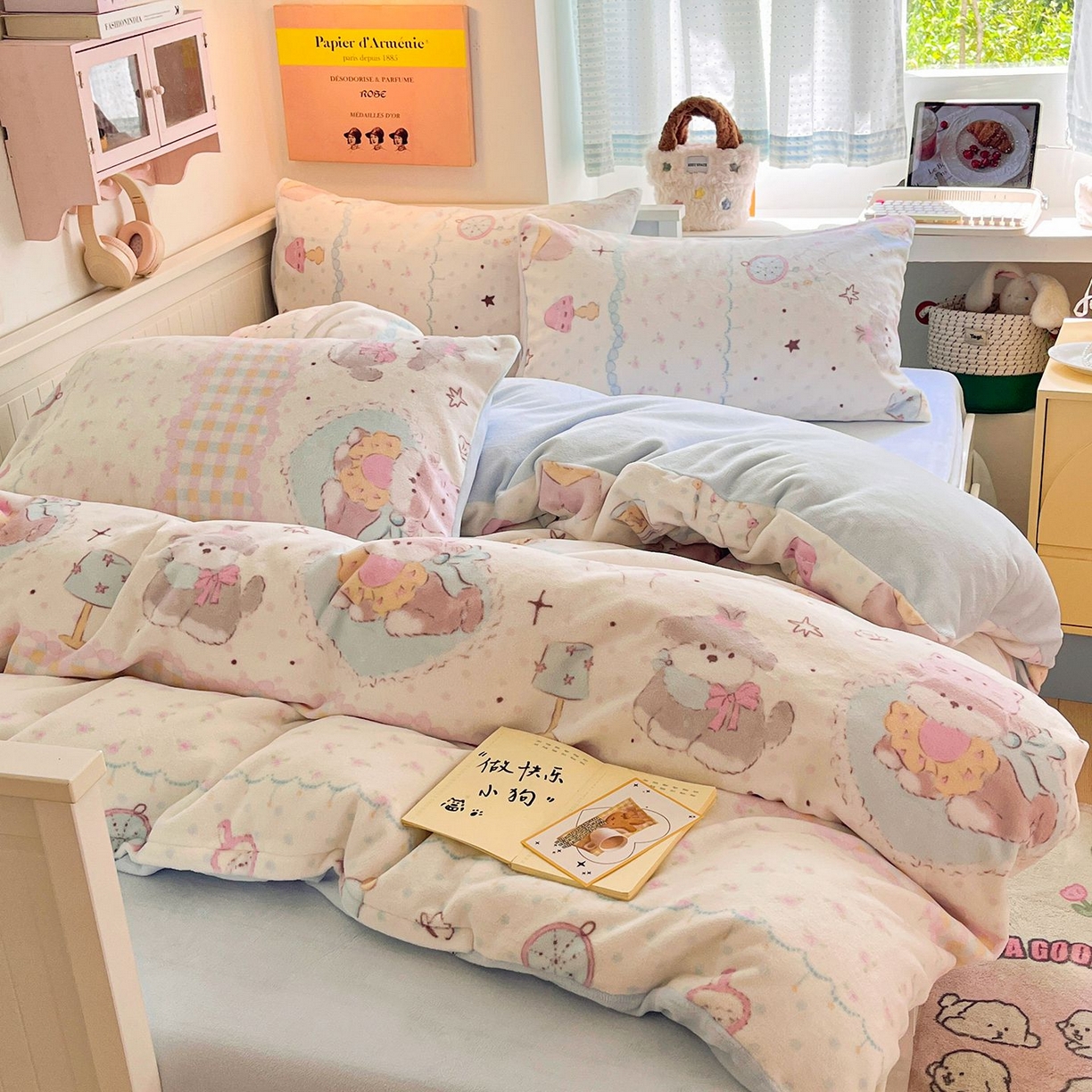 91家纺网 家纺一手货源 找家纺 金爱家 2025新款A类ins小清新少女奶油卡通可爱加厚牛奶绒四件套 绒-甜甜奶油狗