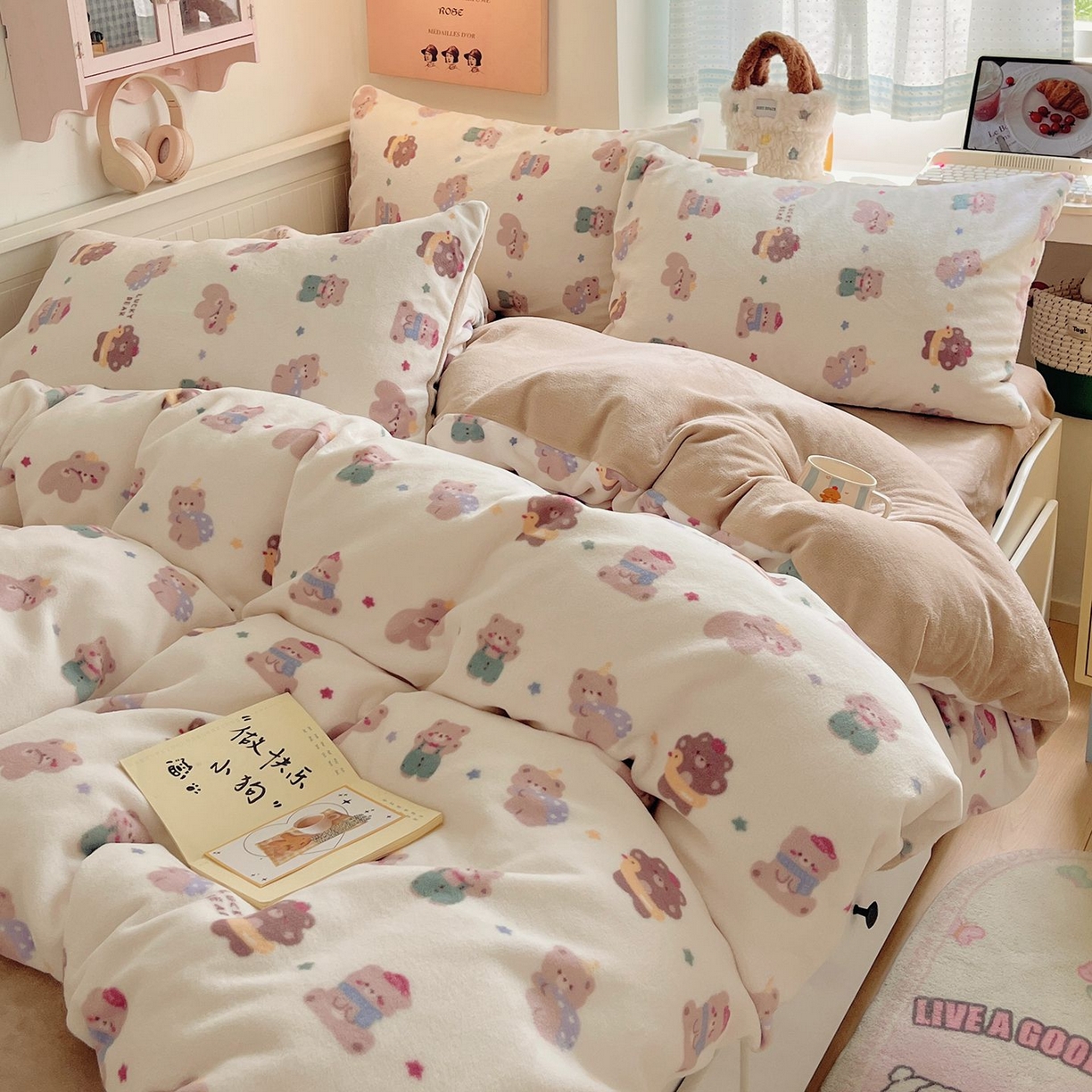 91家纺网 家纺一手货源 找家纺 金爱家 2025新款A类ins小清新少女奶油卡通可爱加厚牛奶绒四件套 绒-小伙伴
