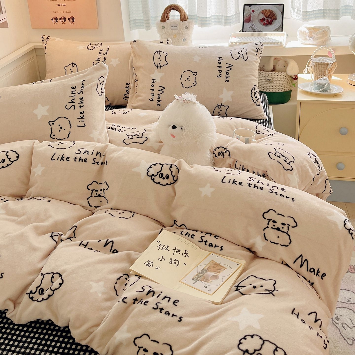 91家纺网 家纺一手货源 找家纺 金爱家 2025新款A类ins小清新少女奶油卡通可爱加厚牛奶绒四件套 绒-小涂鸦