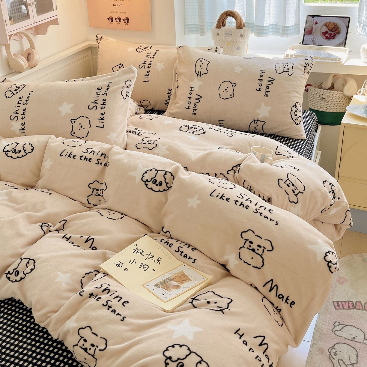 91家纺网 家纺一手货源 找家纺 金爱家 2025新款A类ins小清新少女奶油卡通可爱加厚牛奶绒四件套 绒-小涂鸦