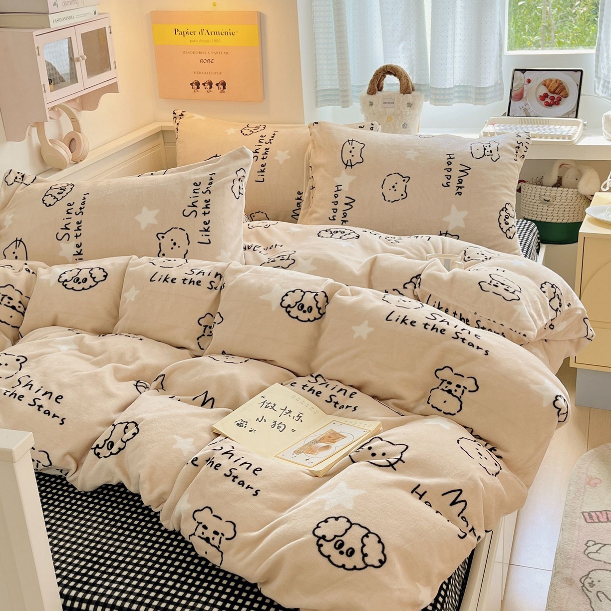 91家纺网 家纺一手货源 找家纺 金爱家 2025新款A类ins小清新少女奶油卡通可爱加厚牛奶绒四件套 绒-小涂鸦