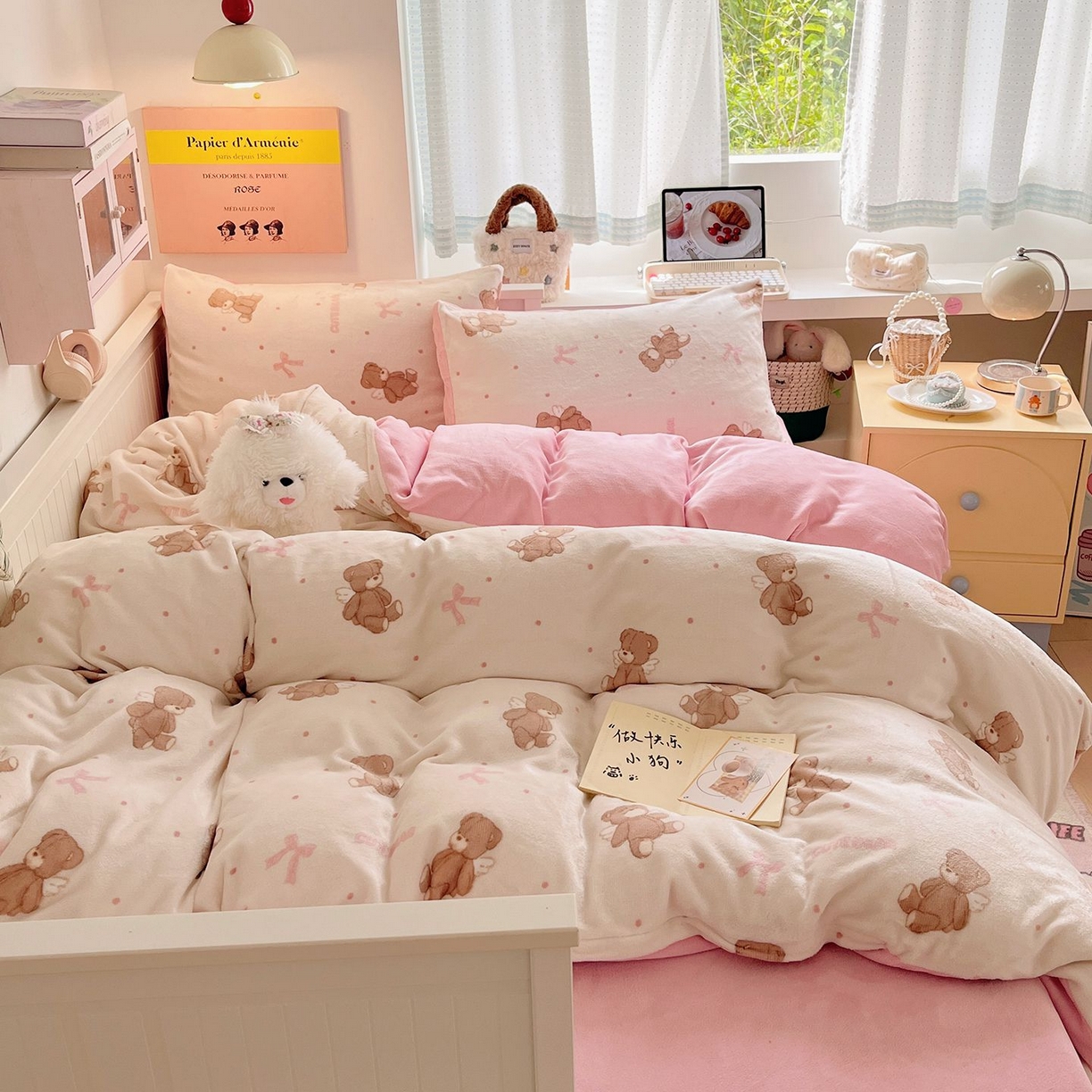 91家纺网 家纺一手货源 找家纺 金爱家 2025新款A类ins小清新少女奶油卡通可爱加厚牛奶绒四件套 绒-幸运熊