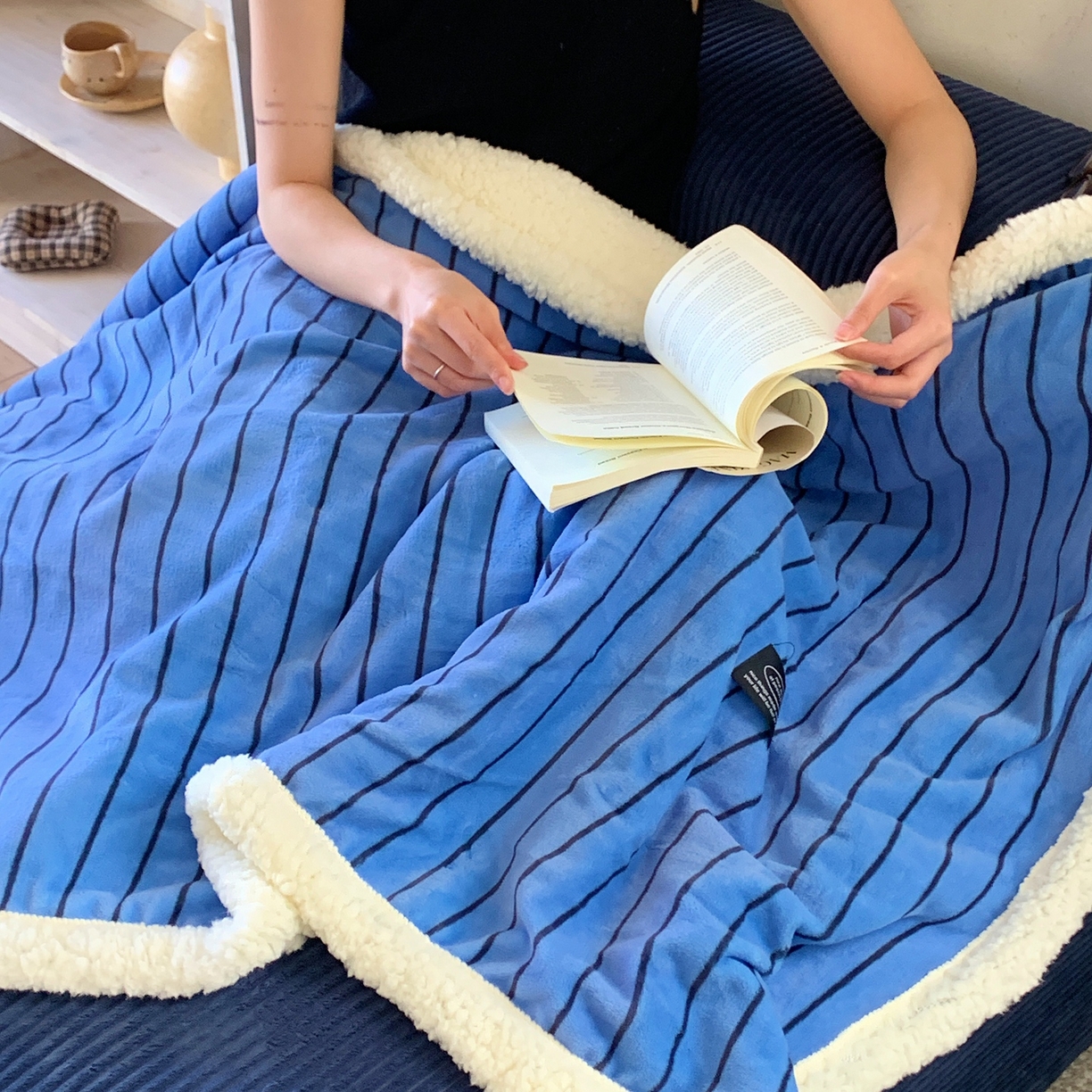 91家纺网 家纺一手货源 找家纺 桃喜 2025秋冬新款牛奶绒羊羔绒毛毯条纹系列 冰岛蓝