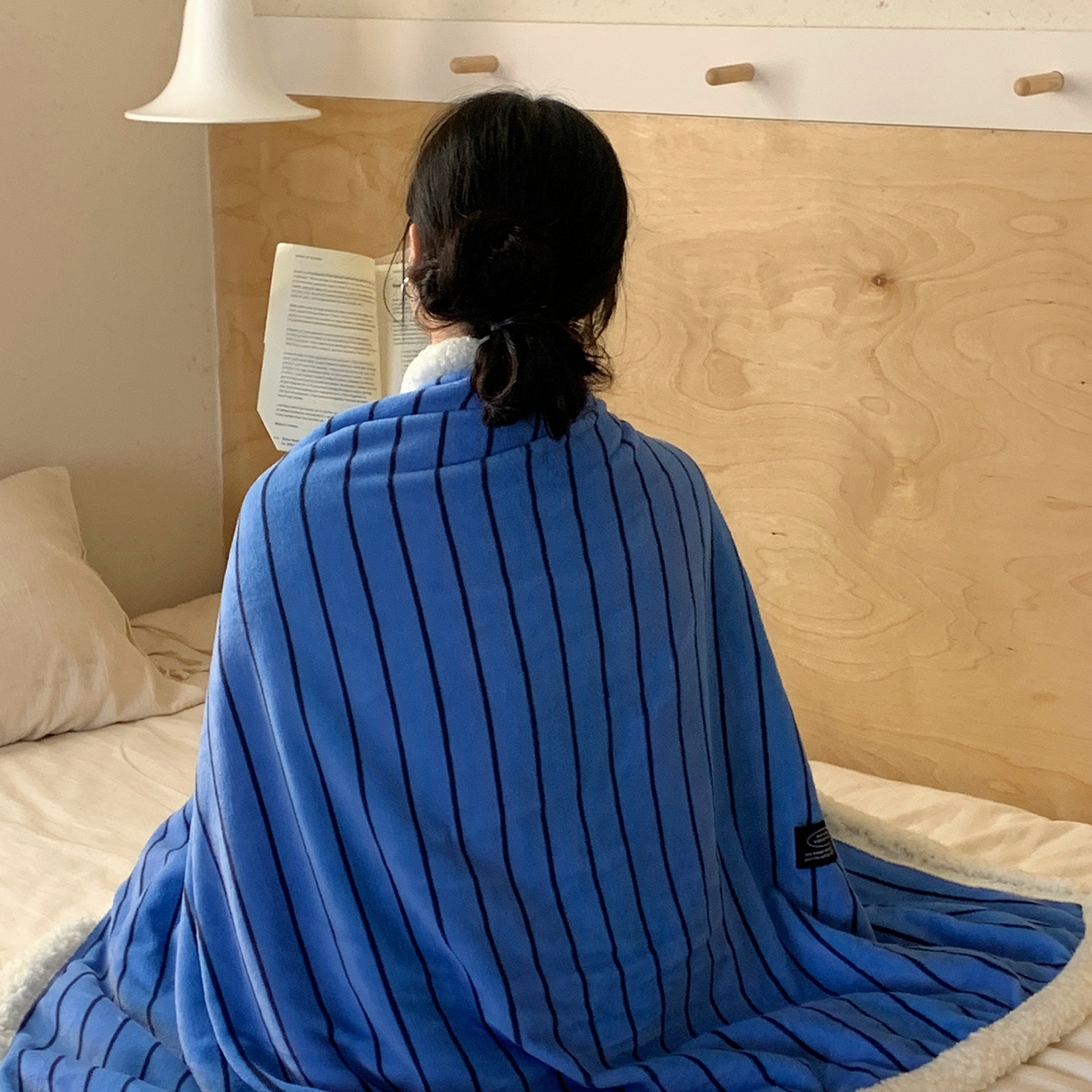 91家纺网 家纺一手货源 找家纺 桃喜 2025秋冬新款牛奶绒羊羔绒毛毯条纹系列 冰岛蓝