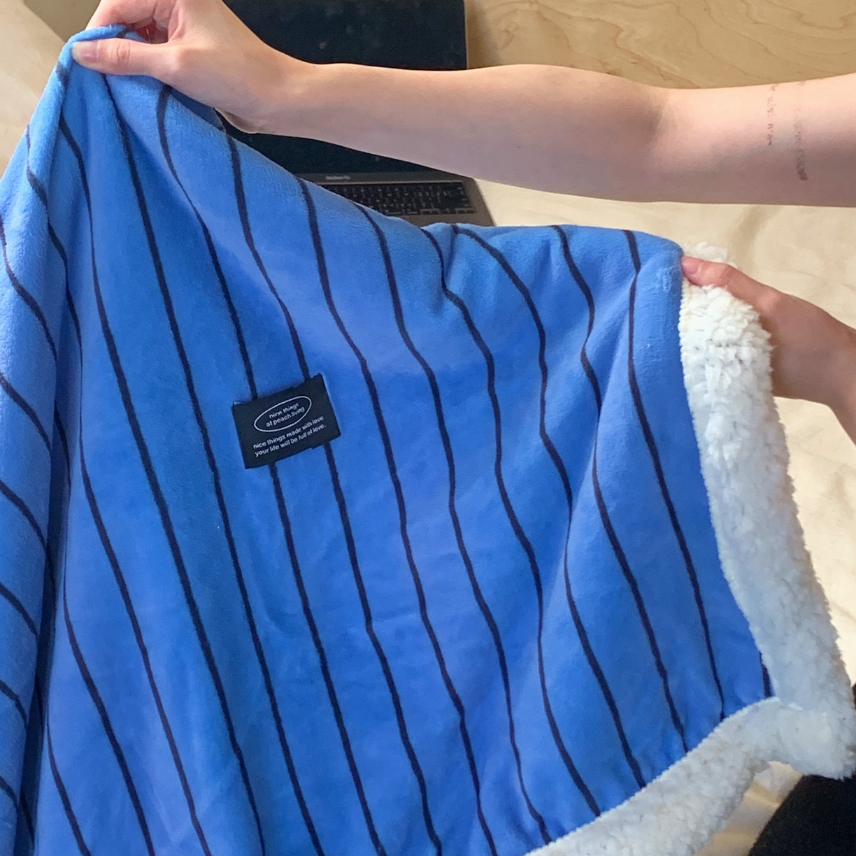 91家纺网 家纺一手货源 找家纺 桃喜 2025秋冬新款牛奶绒羊羔绒毛毯条纹系列 冰岛蓝