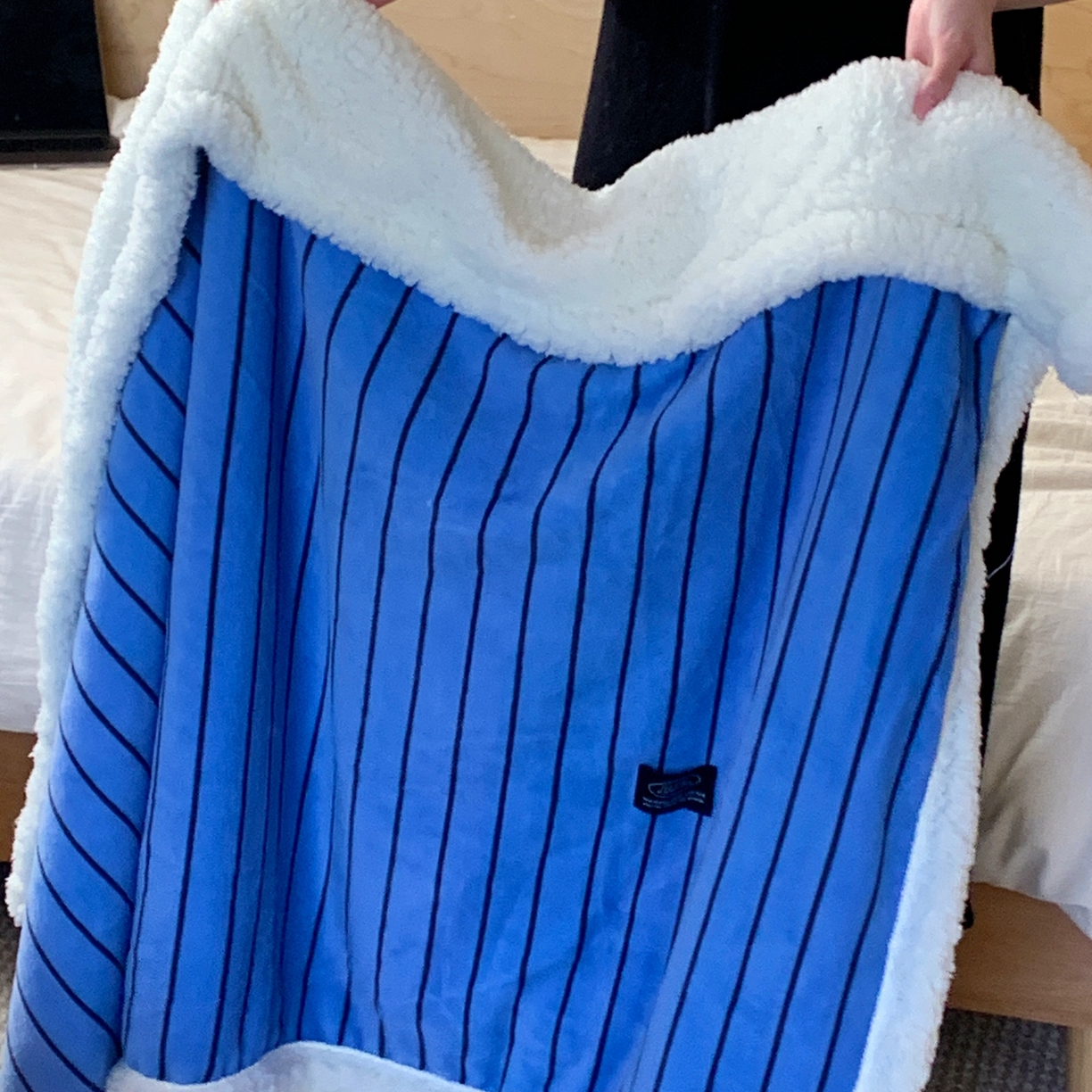 91家纺网 家纺一手货源 找家纺 桃喜 2025秋冬新款牛奶绒羊羔绒毛毯条纹系列 冰岛蓝