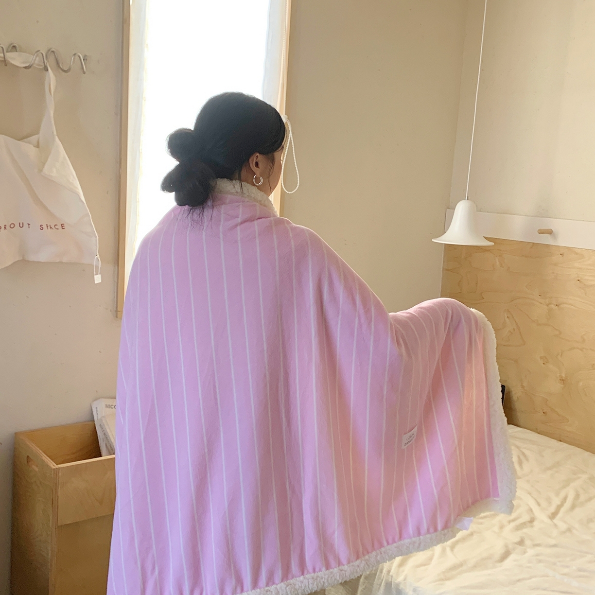 桃喜 2025秋冬新款牛奶绒羊羔绒毛毯条纹系列 莓莓粉