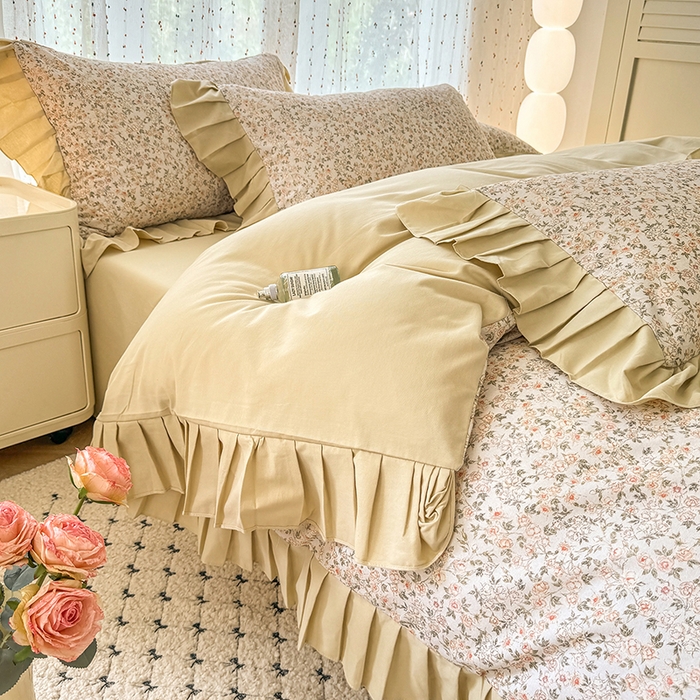 91家纺网 家纺一手货源 找家纺 千朵 2025新款全棉磨毛四件套 浪漫人生米