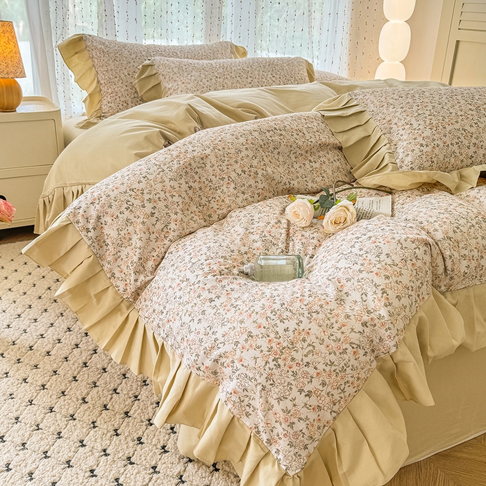 91家纺网 家纺一手货源 找家纺 千朵 2025新款全棉磨毛四件套 浪漫人生米