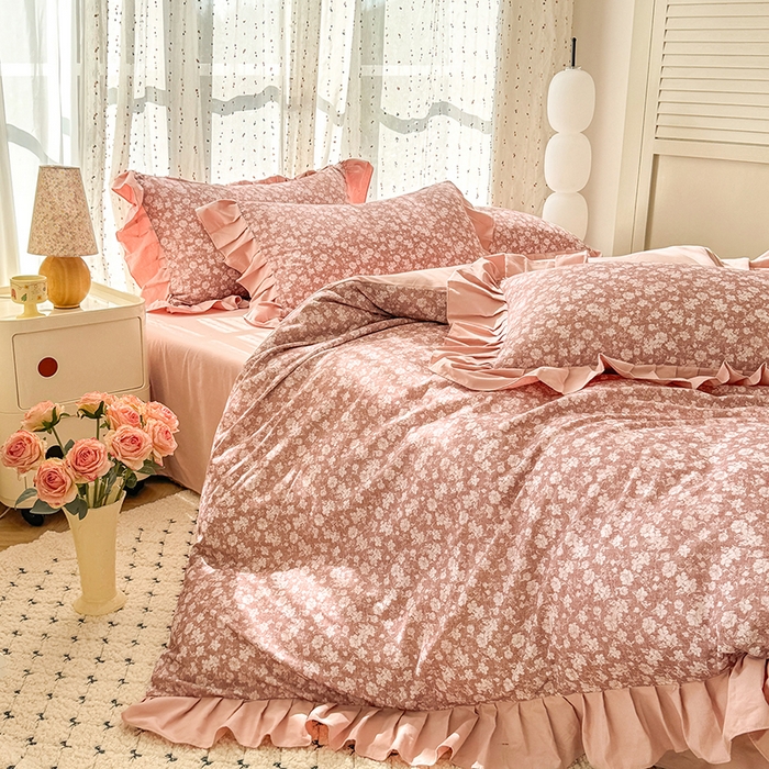 91家纺网 家纺一手货源 找家纺 千朵 2025新款全棉磨毛四件套 香漫豆沙