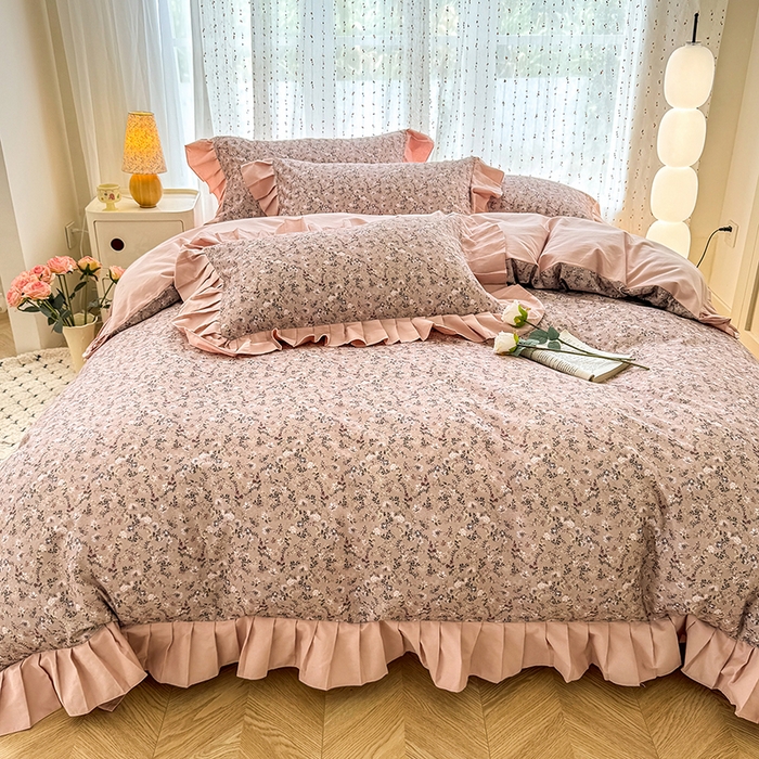 91家纺网 家纺一手货源 找家纺 千朵 2025新款全棉磨毛四件套 茵然豆沙