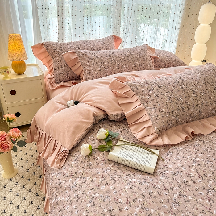 91家纺网 家纺一手货源 找家纺 千朵 2025新款全棉磨毛四件套 茵然豆沙