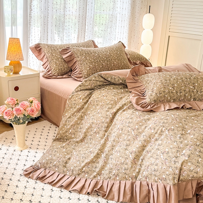 91家纺网 家纺一手货源 找家纺 千朵 2025新款全棉磨毛四件套 茵然咖