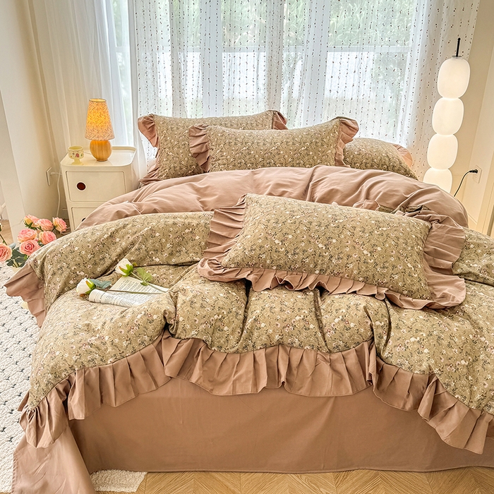 91家纺网 家纺一手货源 找家纺 千朵 2025新款全棉磨毛四件套 茵然咖