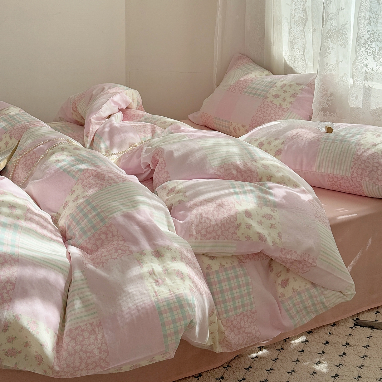 91家纺网 家纺一手货源 找家纺 麦伦 2025年新品 --全棉有氧双层纱简约款系列 百福-粉