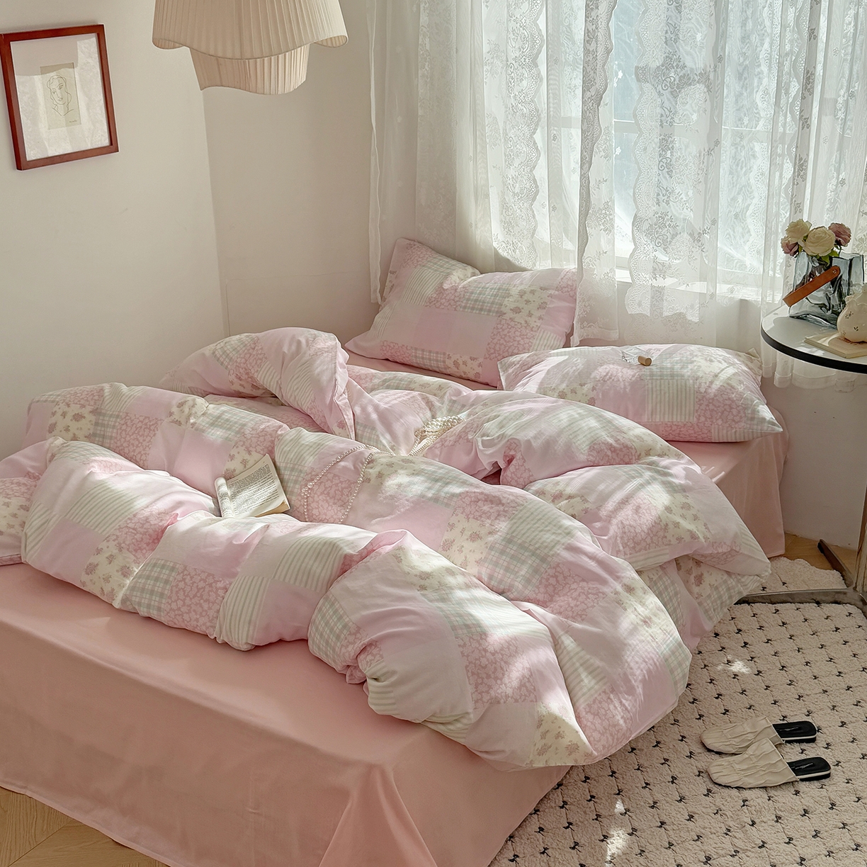 91家纺网 家纺一手货源 找家纺 麦伦 2025年新品 --全棉有氧双层纱简约款系列 百福-粉