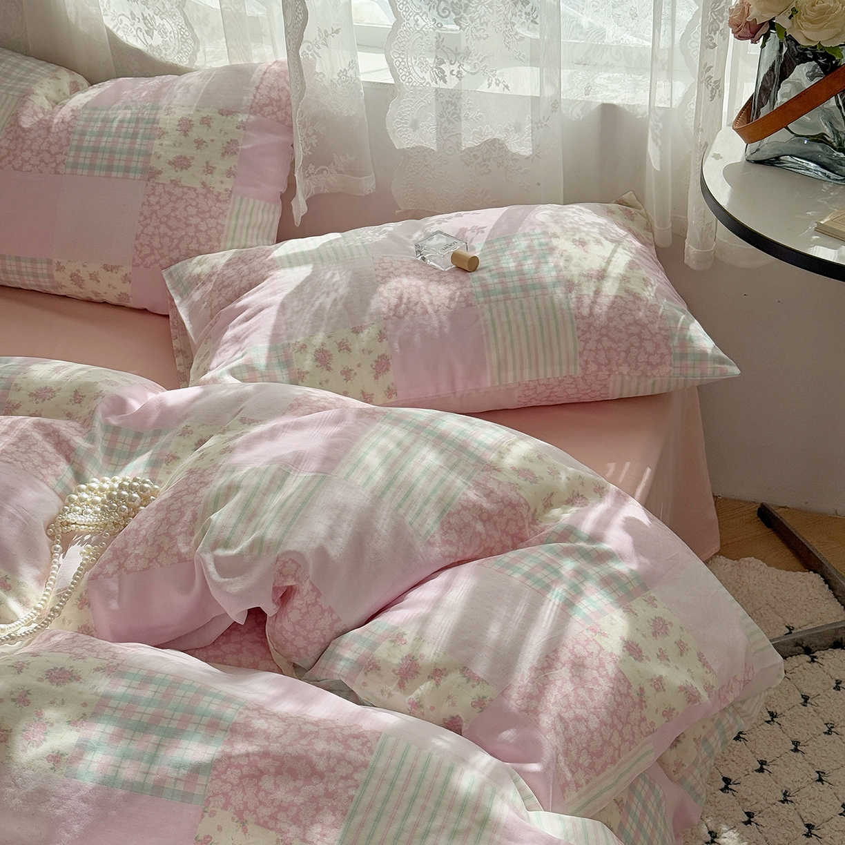 91家纺网 家纺一手货源 找家纺 麦伦 2025年新品 --全棉有氧双层纱简约款系列 百福-粉