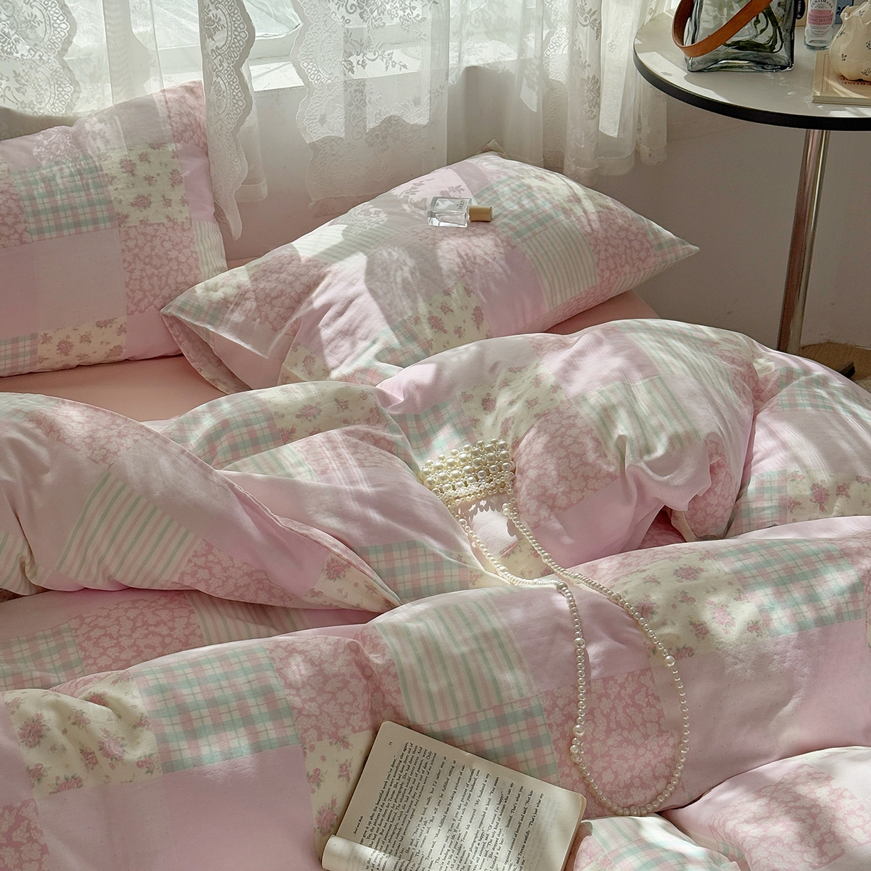 91家纺网 家纺一手货源 找家纺 麦伦 2025年新品 --全棉有氧双层纱简约款系列 百福-粉