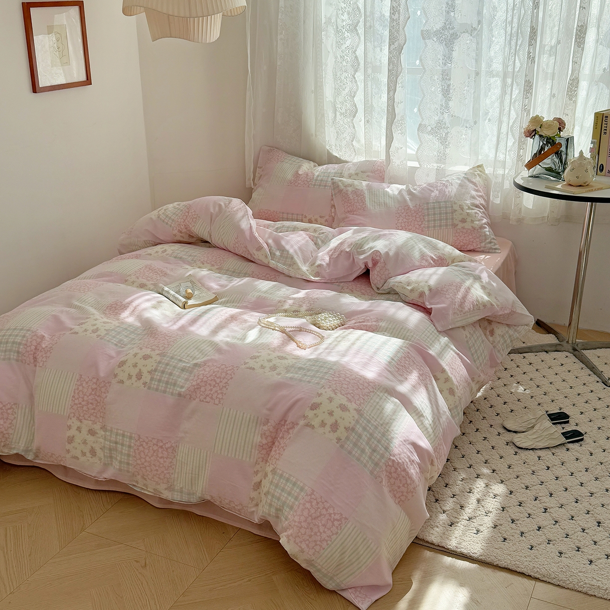 91家纺网 家纺一手货源 找家纺 麦伦 2025年新品 --全棉有氧双层纱简约款系列 百福-粉