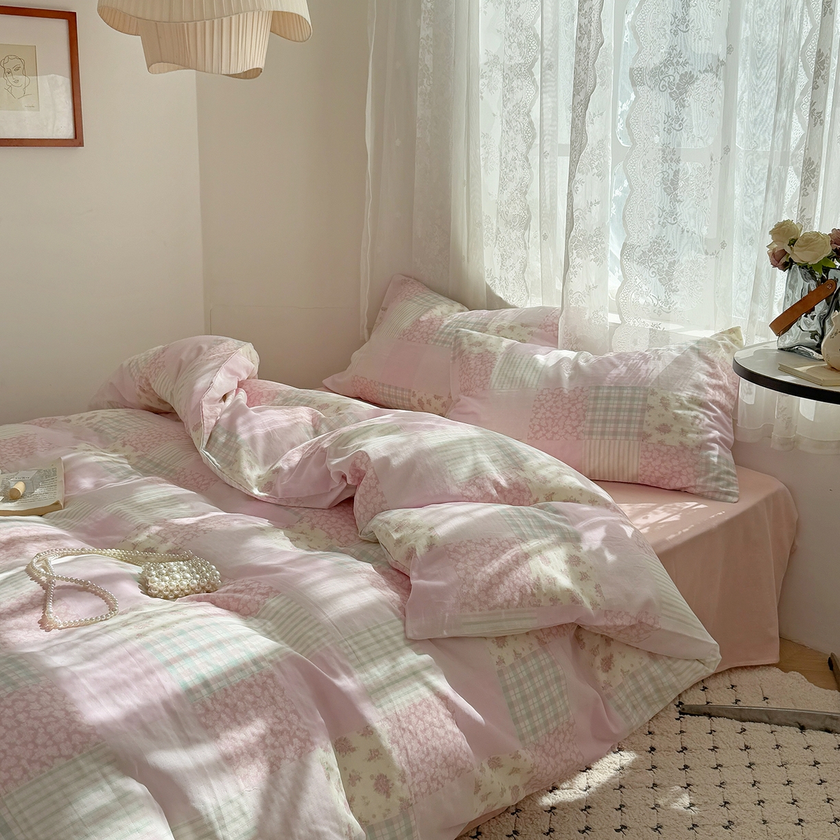 91家纺网 家纺一手货源 找家纺 麦伦 2025年新品 --全棉有氧双层纱简约款系列 百福-粉