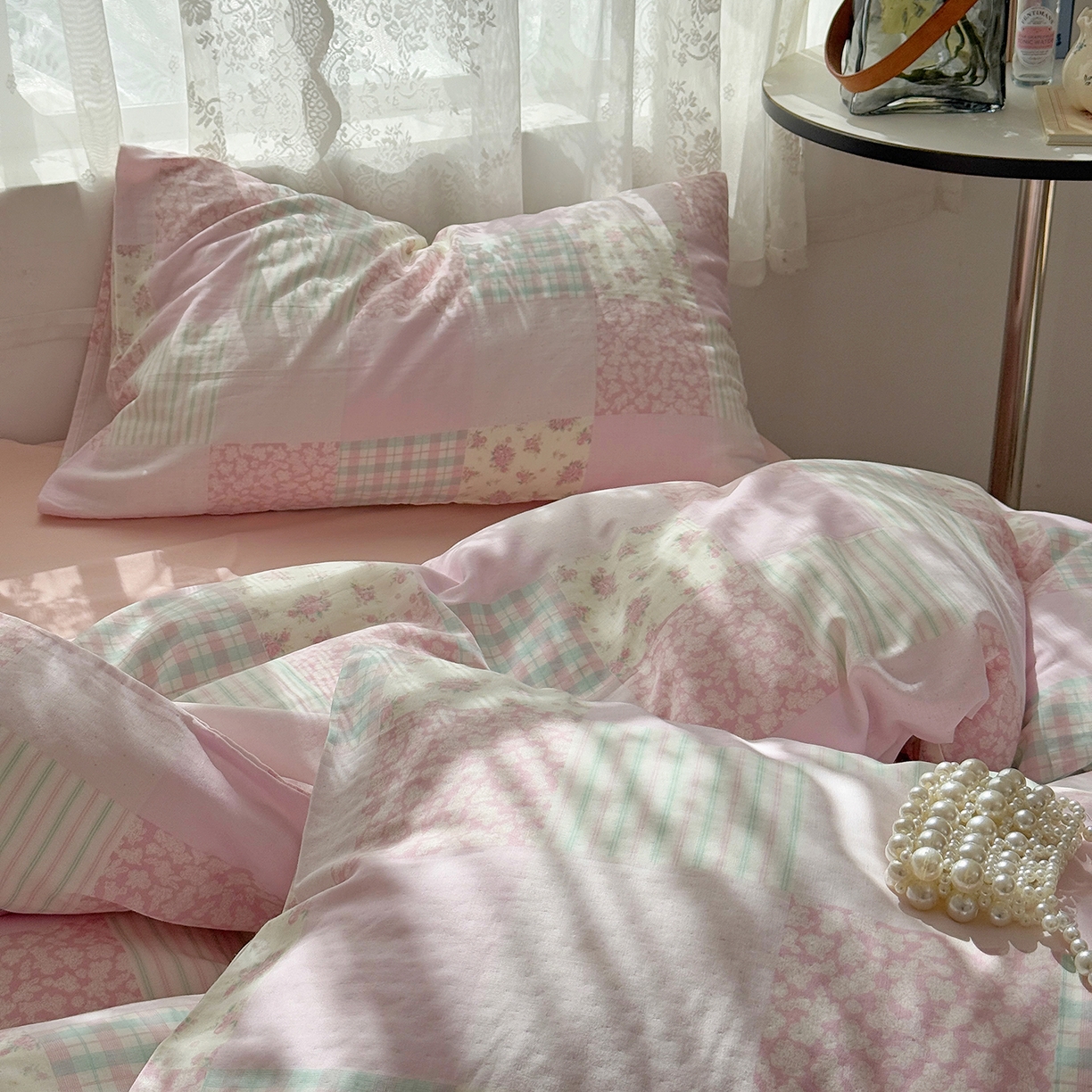 91家纺网 家纺一手货源 找家纺 麦伦 2025年新品 --全棉有氧双层纱简约款系列 百福-粉