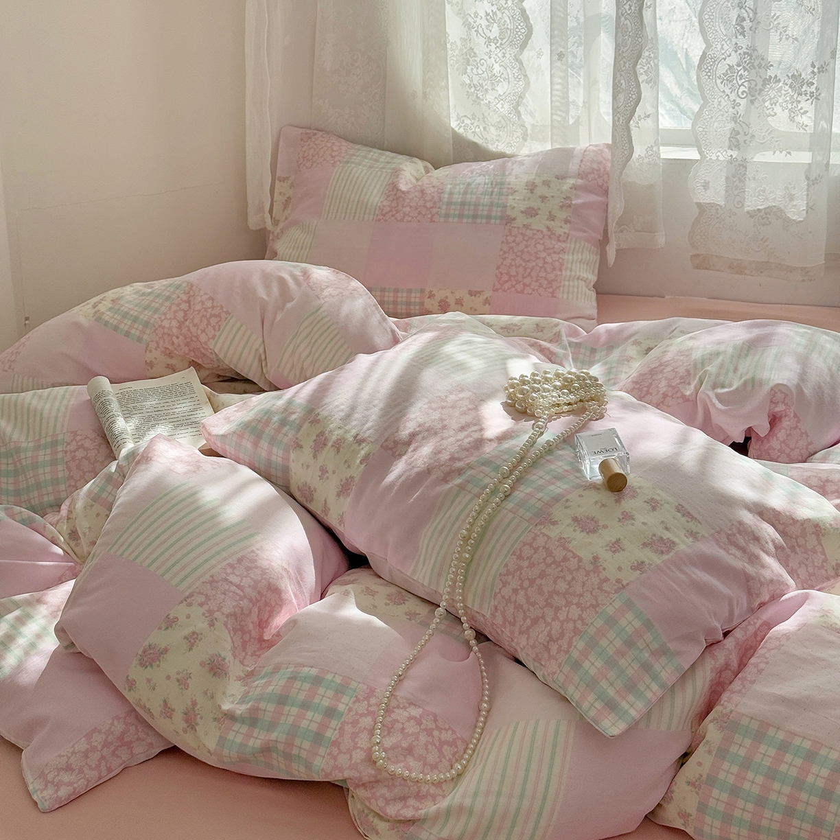 91家纺网 家纺一手货源 找家纺 麦伦 2025年新品 --全棉有氧双层纱简约款系列 百福-粉