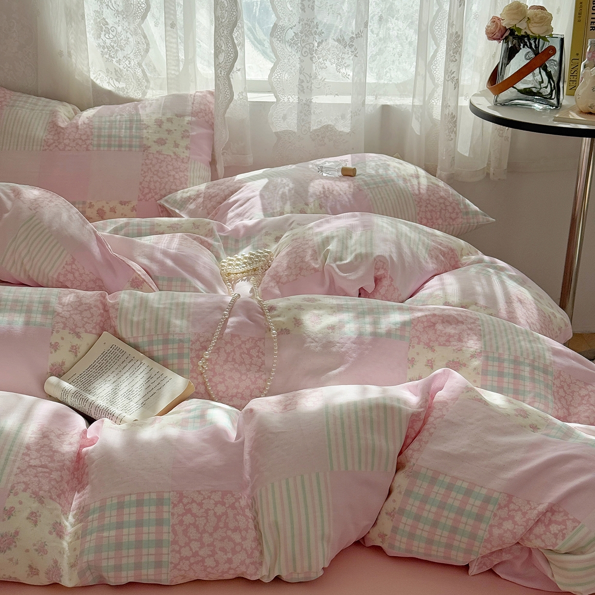 91家纺网 家纺一手货源 找家纺 麦伦 2025年新品 --全棉有氧双层纱简约款系列 百福-粉