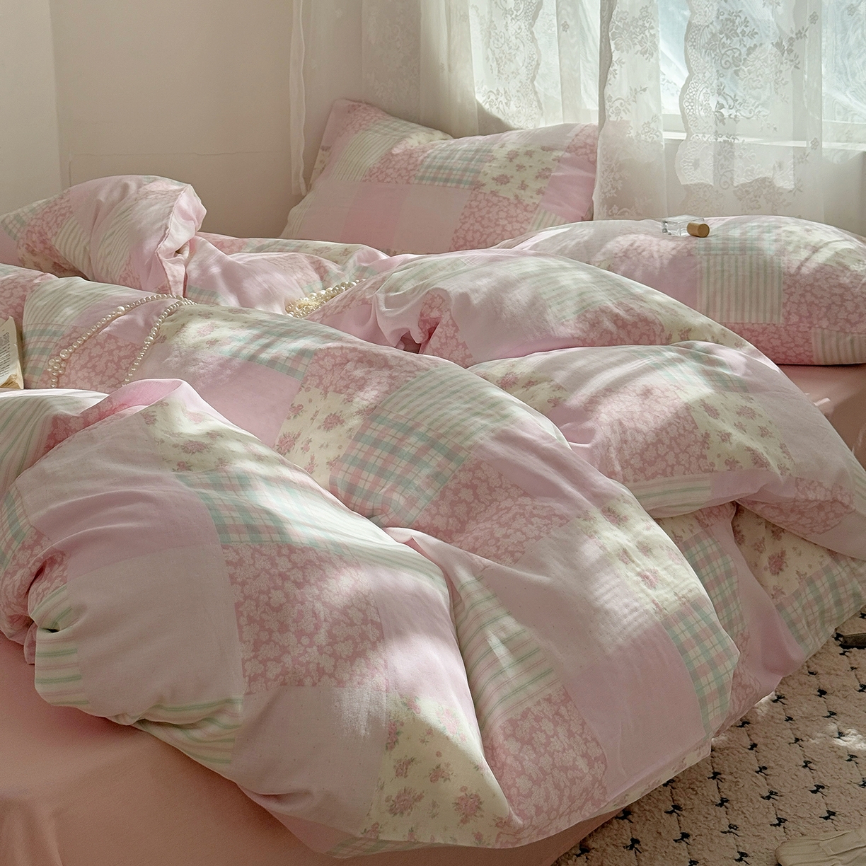 91家纺网 家纺一手货源 找家纺 麦伦 2025年新品 --全棉有氧双层纱简约款系列 百福-粉