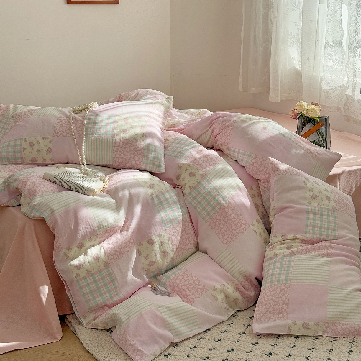 91家纺网 家纺一手货源 找家纺 麦伦 2025年新品 --全棉有氧双层纱简约款系列 百福-粉