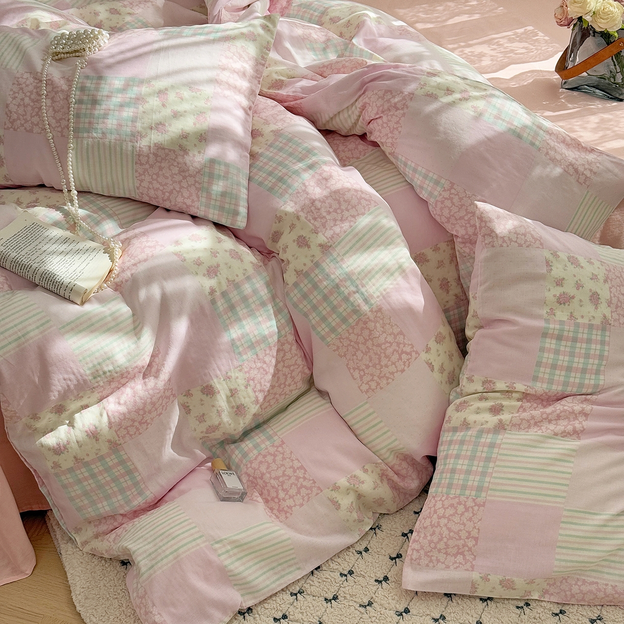 91家纺网 家纺一手货源 找家纺 麦伦 2025年新品 --全棉有氧双层纱简约款系列 百福-粉