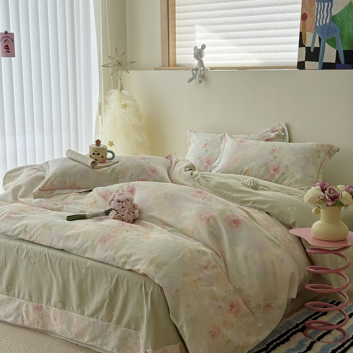 91家纺网 家纺一手货源 找家纺 于果 2025新款全棉13070四件套10） 薄荷玫瑰