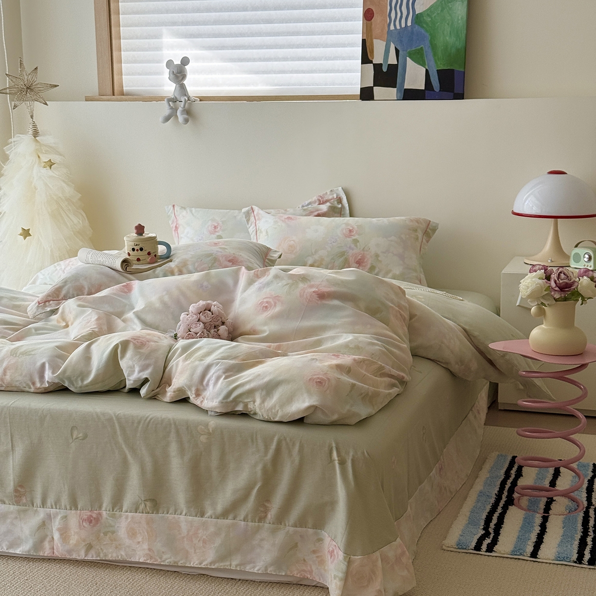 91家纺网 家纺一手货源 找家纺 于果 2025新款全棉13070四件套10） 薄荷玫瑰