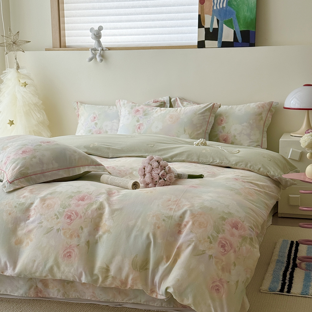 91家纺网 家纺一手货源 找家纺 于果 2025新款全棉13070四件套10） 薄荷玫瑰