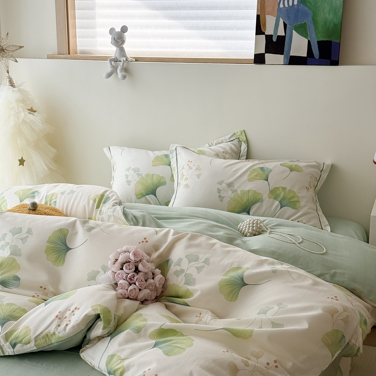 91家纺网 家纺一手货源 找家纺 于果 2025新款全棉13070四件套10） 青绿银杏